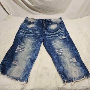 WT02 Stretch Blue Cotton Denim Jeans Pants Zipper Fly Tag 32 x 14 cut offs
